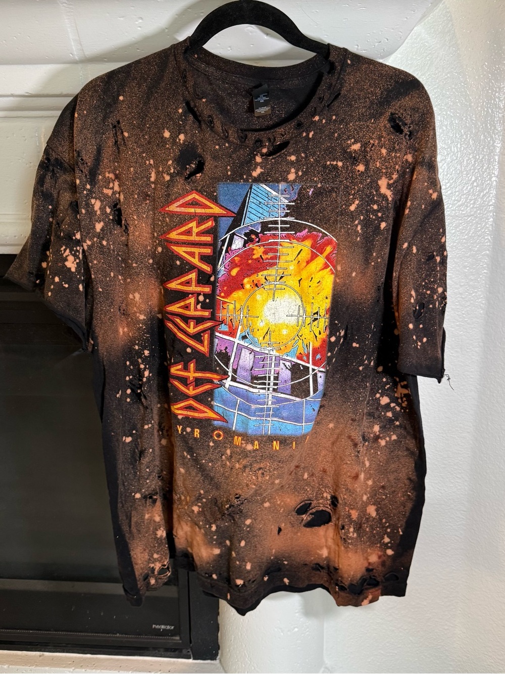 Def Leppard Distressed Black Tee with Rust Bleach & Multicolor Graphic